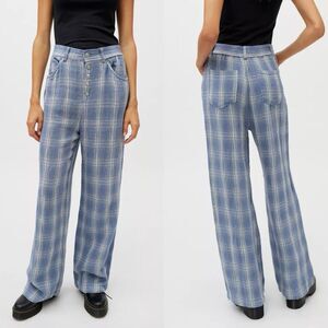 Urban Outfitters Womens Baggy Pants S Blue Plaid High Rise Preppy Retro-Inspired